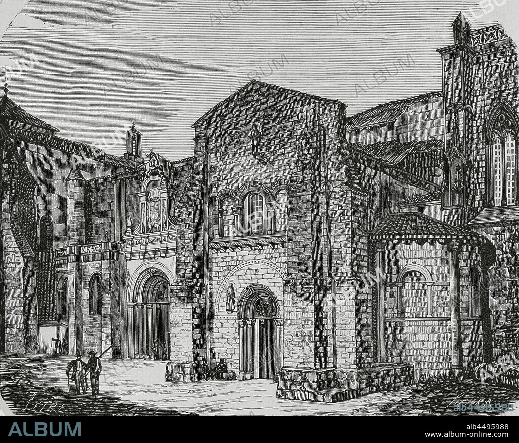 España. León. Basílica de San Isidoro. Iglesia románica construida entre los siglos XI y XII. Dibujo por Letre. Grabado por Sierra. Crónica General de España, História Ilustrada y Descriptiva de sus Provincias. Tomo Asturias y León, 1867. Biblioteca Histórico Militar de Barcelona, Cataluña, España.