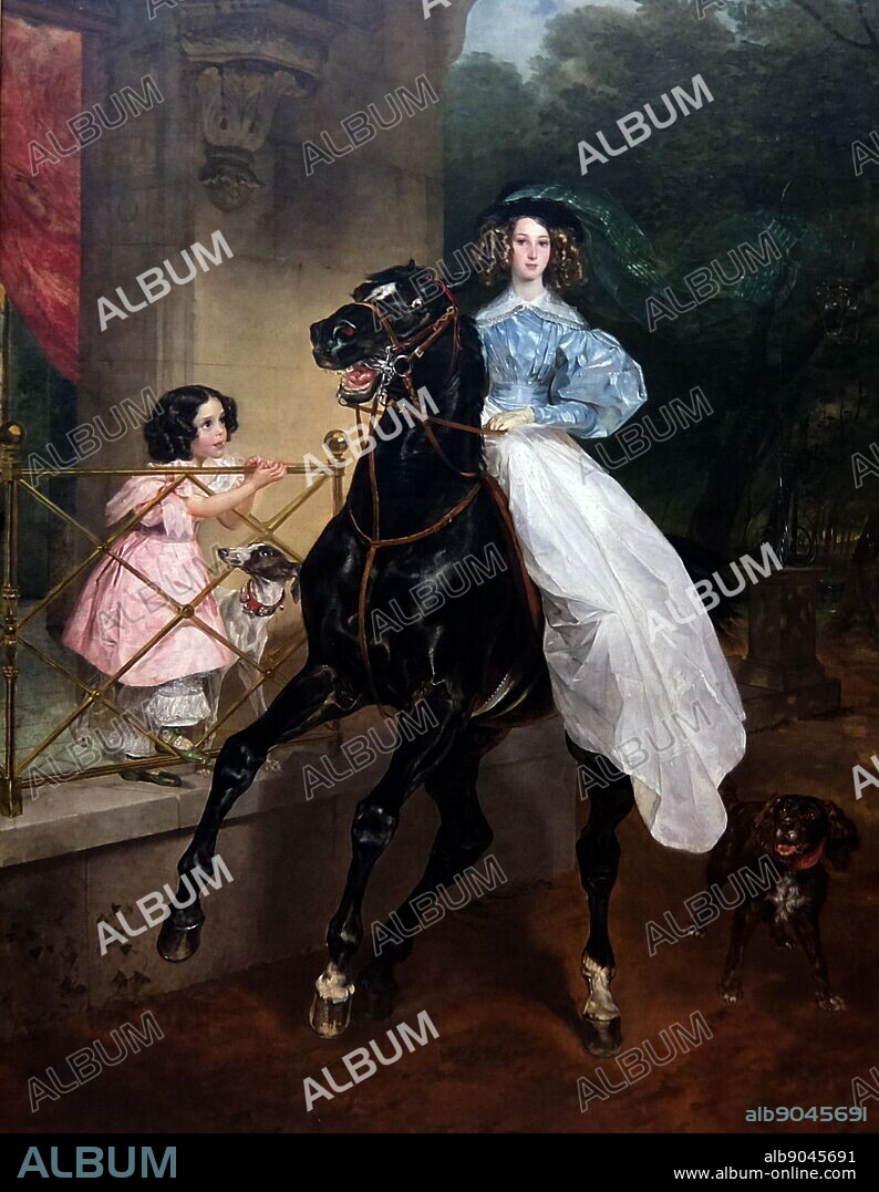 Painting titled 'Horsewoman' by Karl Bryullov. Karl Pavlovich Bryullov (1799-1852) a Russian painter.