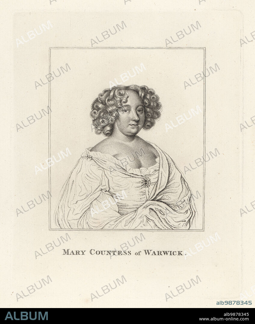 Mary Rich, Countess of Warwick, 1625-1678. English noble woman and diarist, wife of Charles Rich, 4th Earl of Warwick, maid of honour to Queen Henrietta Maria. Copperplate engraving from Samuel Woodburns Gallery of Rare Portraits Consisting of Original Plates, George Jones, 102 St Martins Lane, London, 1816.