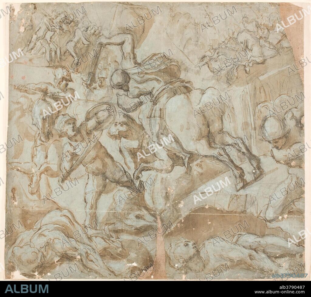 GIOVANNI BATTISTA CASTELLO. Il Bergamasco (Atribuido a) / 'Horacio Cocles a caballo defendiendo el Puente Sublicio contra Lars Porsenna y los etruscos'. Siglo XVI. Aguada, Pluma, Preparado a lápiz, Tinta parda sobre papel agrisado, 415 x 445 mm.