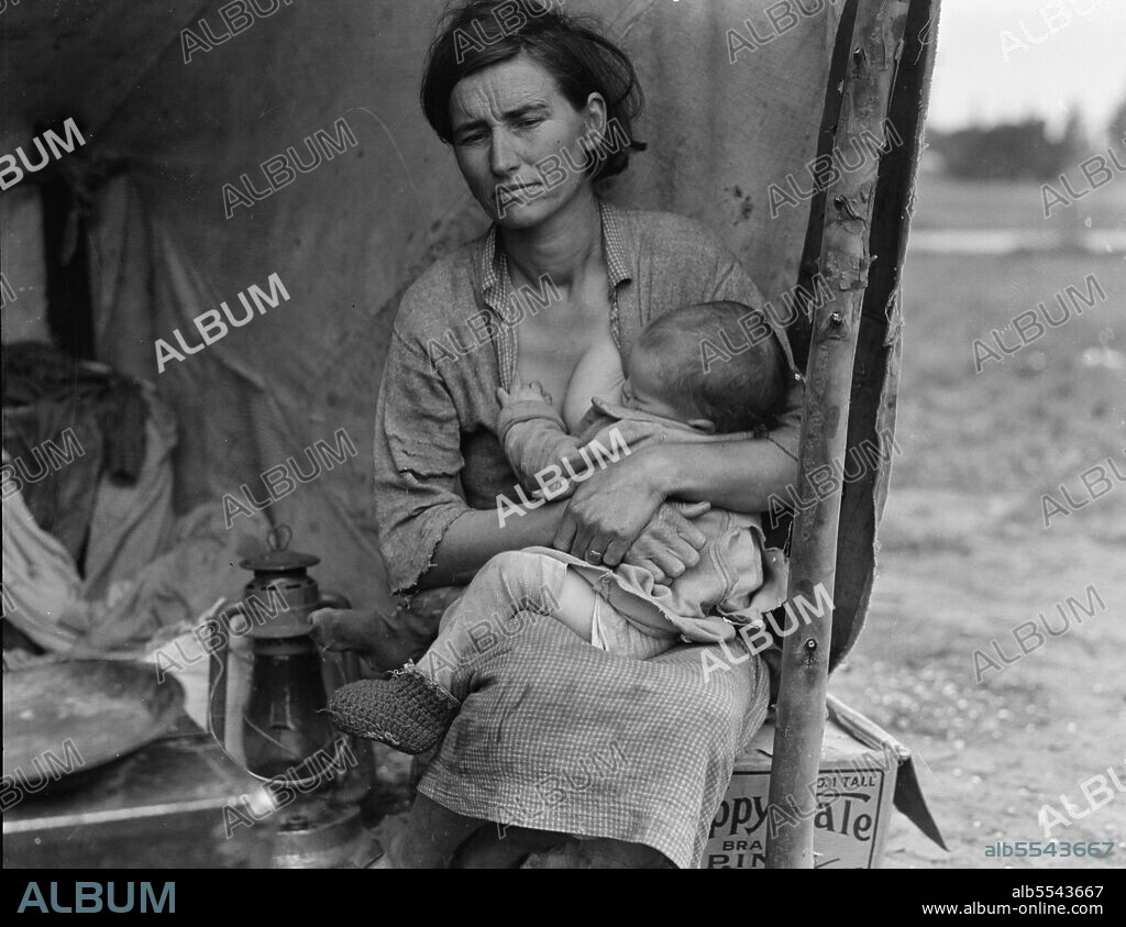DOROTHEA LANGE. Migrant agricultural worker's family. Seven hungry children. Mother aged thirty-two. Father is native Californian. Nipomo, California.