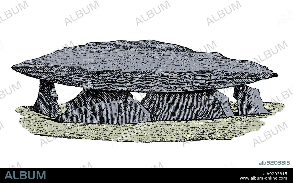 A dolmen is a type of single-chamber megalithic tomb, usually consisting of two or more vertical megaliths supporting a large flat horizontal capstone. Most date from the early Neolithic (4000-3000 BC) and were sometimes covered with earth or smaller stones to form a tumulus. The oldest known are found in Western Europe, dating from 7,000 years ago. They are regarded as tombs or burial chambers, despite the absence of clear evidence for this. Colorized version of an illustration from Primitive Man by Louis Figuier, 1870.