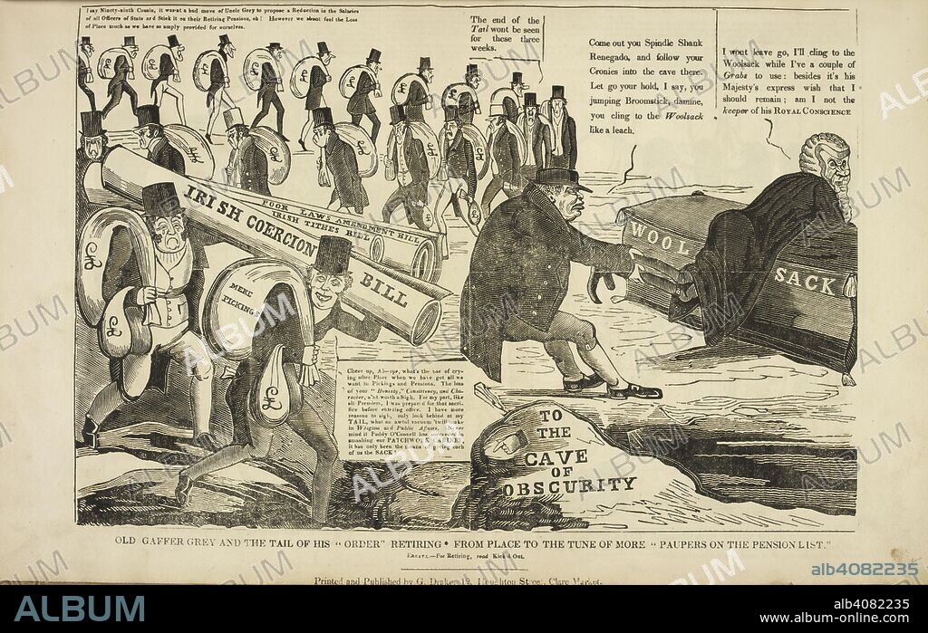 CHARLES JAMESON GRANT. 'Old gaffer Grey and the tail of is "order" retiring * from place to to the tune of more "paupers on the pension list." A queue of politicians carrying money bags and paper rolls representing various bills going down into a cave; A man pulling a reluctant lawyer towards the cave. The Political drama. [A series of caricatures.]. [London] : Printed and published by G. Drake, 12, Houghton Street, Clare Market, [1834-1835.]. Source: HS.74/1630, page 44.