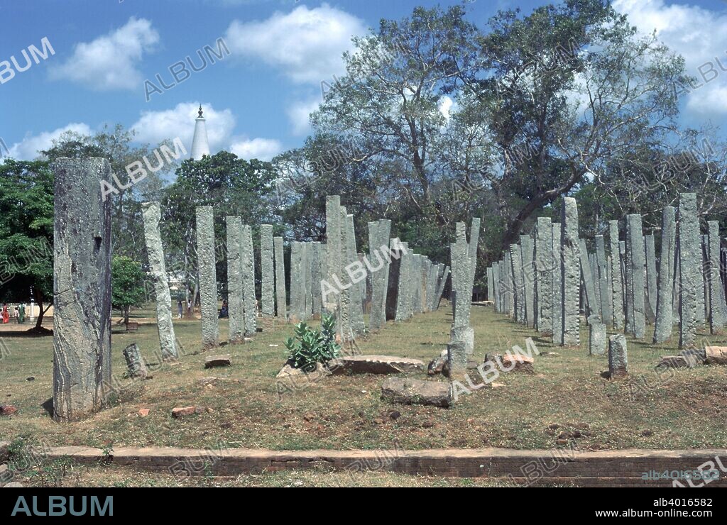 Stone pillars of the Brazen Palace in Anuradhapura in Sri Lanka, originally built by King Dutthugamani, and rebuilt by King Parakramabahu, 2nd century.