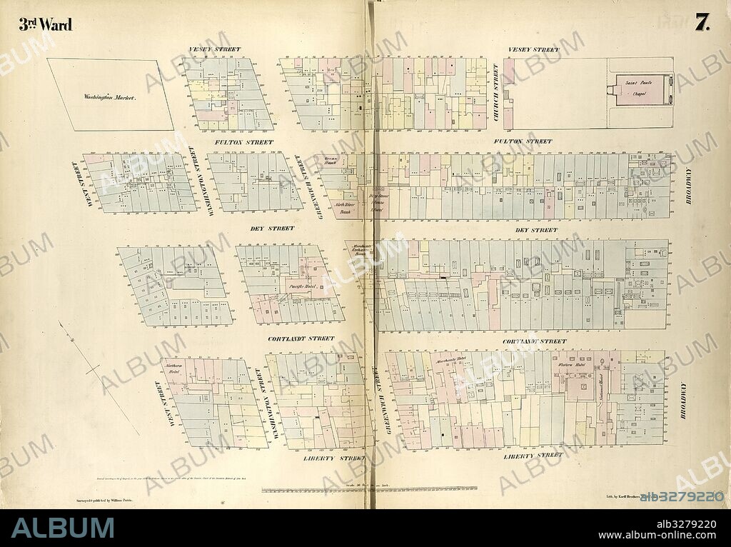 Plate 7: Map bounded by Vesey Street, Broadway, Liberty Street, West Street. 1852, 1854, William Perris, New York, N.Y., USA.