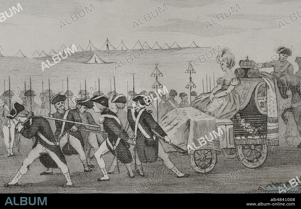 Reinado de Carlos IV de España. "Revista de Badajoz" (1801). Tuvo lugar en el Campo de Santa Engracia, junto a Badajoz, en la que Manuel Godoy, príncipe de la Paz, apareció al frente del ejército conduciendo un carro triunfal junto a la reina Maria Luisa de Parma, seguido por su marido el rey Carlos IV de Borbón, subido a un caballo detrás de los dos. Grabado. Detalle. Historia del Levantamiento, Guerra y Revolución de España, por el Conde de Toreno. Madrid,1851.