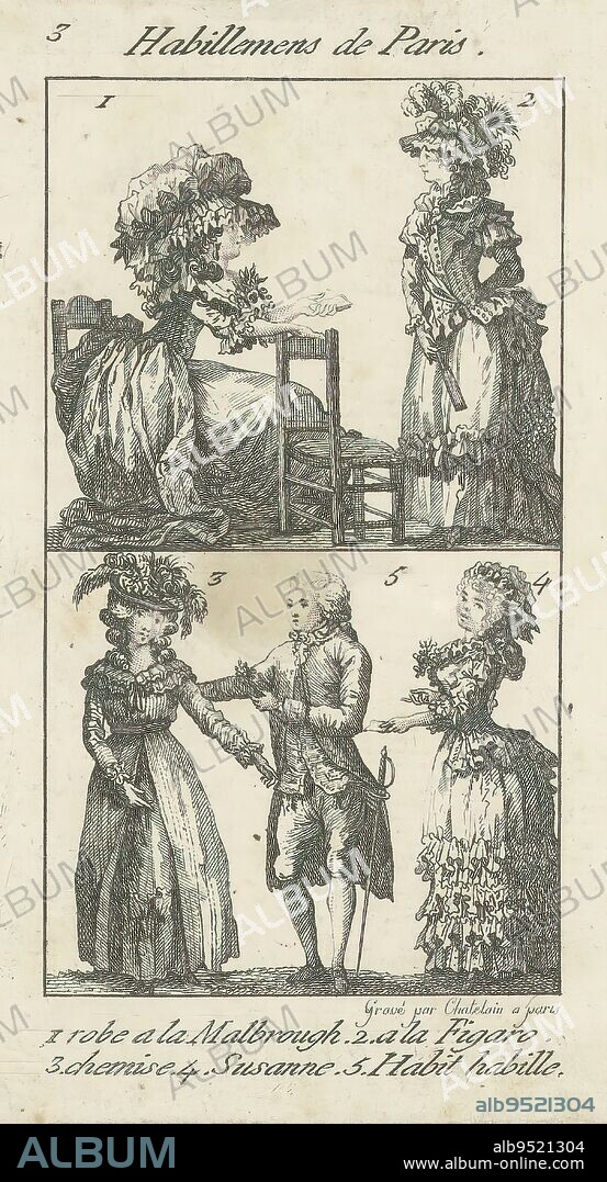 Habillemens de Paris, no. 3: robe de Marlborough (...) (title on object), Five figures in fashionable clothing ca. 1790: copies after prints from 'Gallerie des modes et costumes français': 1. gown 'à la Marlborough (after aaa. 286), 2: Robe à la Figaro (after Pl. 194); 3. Robe en Chemise (after aaa. 287); 4. Robe à la Susanne (after aaa.285 ); 5. Men's Costume, print maker: Chatelain, (mentioned on object), Paris, c. 1790, paper, etching, height 116 mm × width 80 mm.