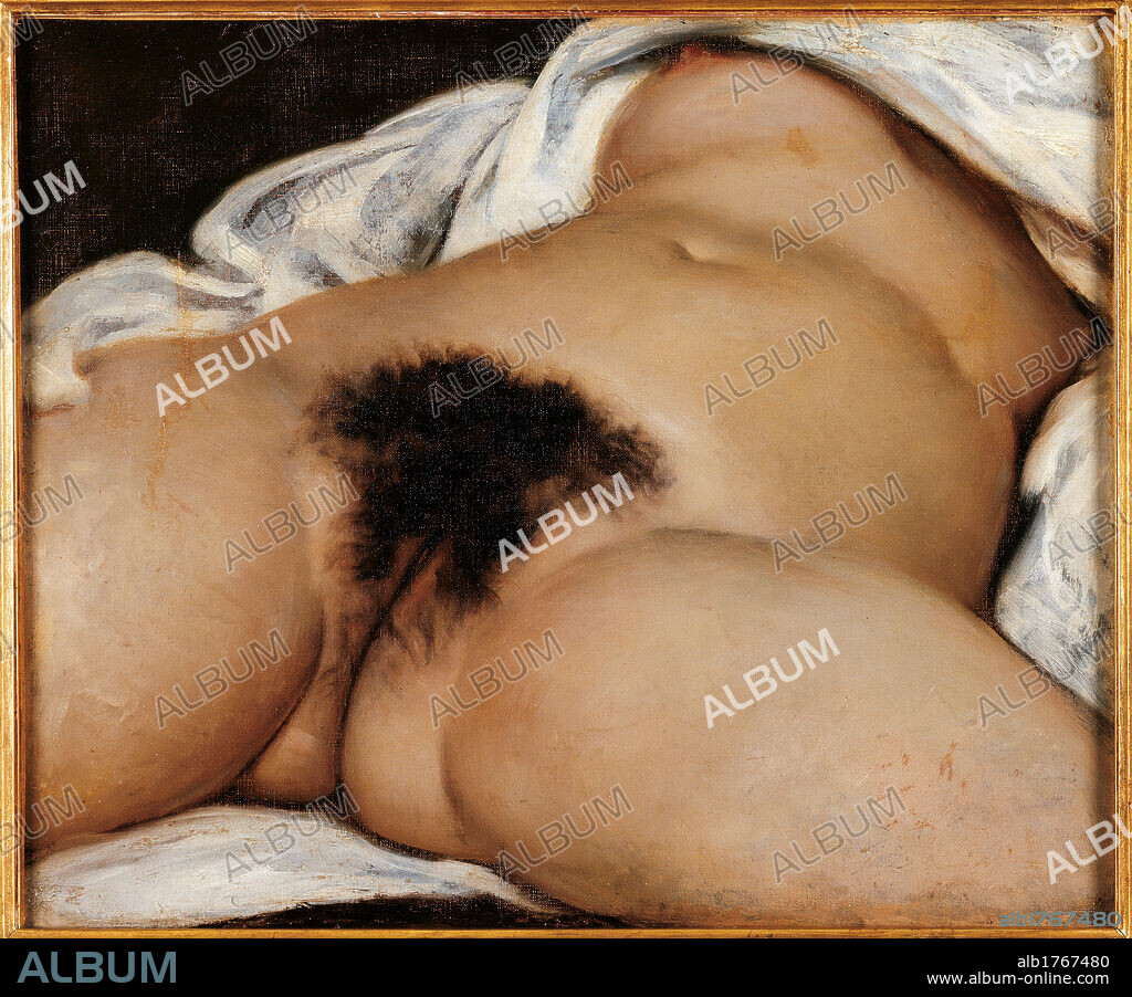 The Origin of the World, by Gustave Courbet, 1866, 19th Century, oil on canvas, cm 46 x 55. France, Ile de France, Paris, Muse dOrsay. All. Naked body woman breast pubis sheet.