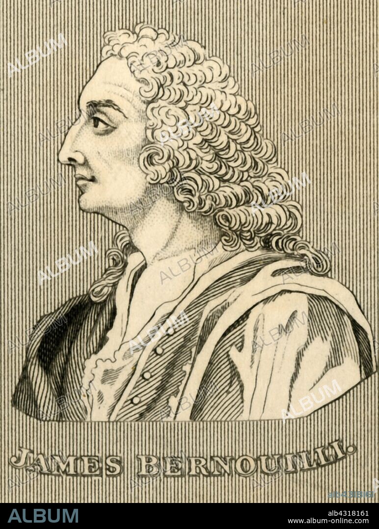 'James Bernouilli', (1654-1705), 1830. Jacob Bernoulli[ (1654-1705) prominent Swiss mathematician. From "Biographical Illustrations", by Alfred Howard. [Thomas Tegg, R. Griffin and Co., J. Cumming, London, Glasgow and Dublin, 1830].