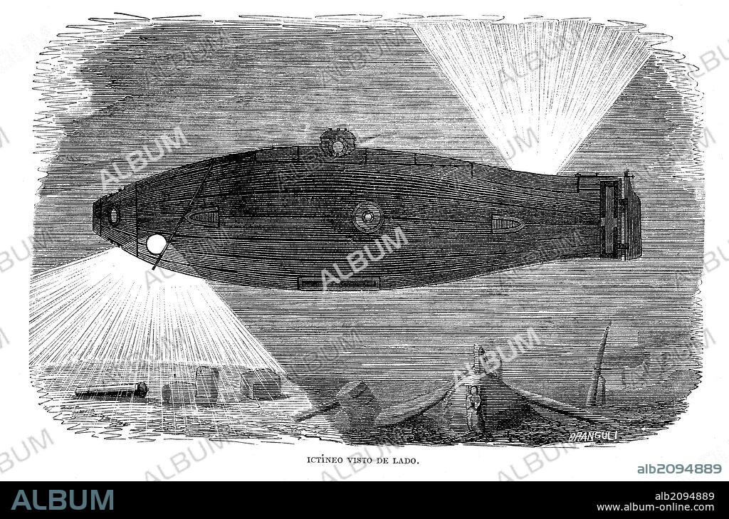 El Ictíneo, de Narciso Monturiol (1819-1885). Proyecto del submarino, vista lateral. Grabado de 1860.