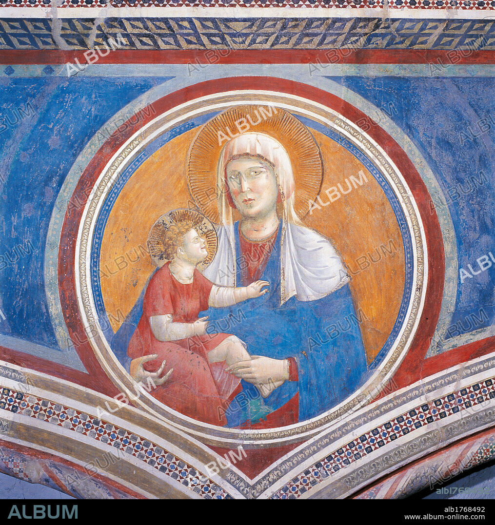 Madonna with Child, by Cenni di Pepo known as Cimabue, Giotto, school of Giotto, 1277-1280, 13th Century, fresco,. Italy, Umbria, Perugia, Assisi, Upper Church of San Francesco, vault. Detail. Frescoes circle red blue yellow gold Madonna with Child.