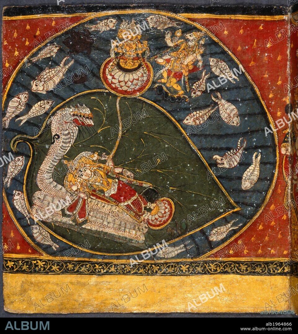 Copy of the sacred paintings in the Brahmanical Pagoda of Choka-lingam at Madura, on page of manuscript. Brahmanical Pagoda of Choka- lingam at Madura. Copy of the sacred paintings in the Brahmanical Pagoda of Choka- lingam, at Madura, in the Carnatic; painted in oil colors on a folded cloth. xviiith cent. Large and Small Quarto. Source: Add. 15504 (det).