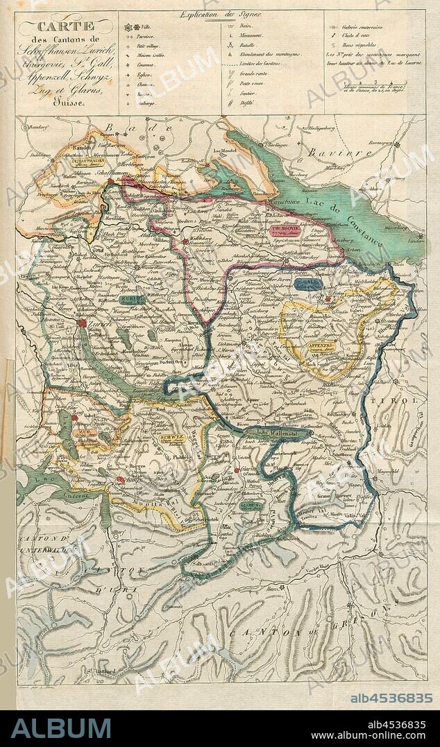 Carte des Cantons de Schaffhausen, Zurich, Thurgovie, St. Gall, Appenzell, Schwyz, Zug, et Glarus, Suisse, Map of the canton of Schaffhausen, Thurgau, St. Gallen, Appenzell, Zurich, Schwyz, Zug, Glarus and Uri, signed: Gravé par L. Slaes, Fig. 5, according to p. 32, Slaes, Léon (grav.), 1824, Charles Alexander Snoeck: Promenade aux Alpes. [Nicht ermittelbar]: [nicht ermittelbar], 1824.