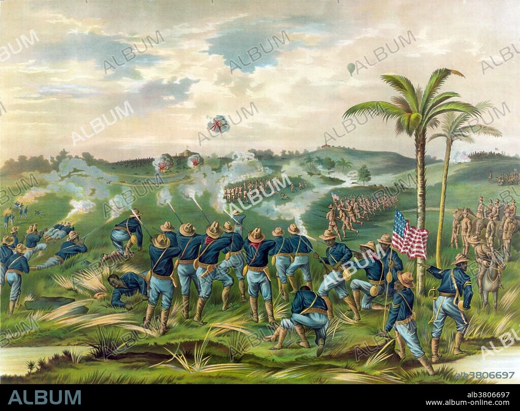 Entitled: "How the day was won. Charge of the 10th Cavalry Regiment U.S.A. San Juan Hill." The 10th Cavalry Regiment is a unit of the United States Army. Formed as a segregated African-American unit, the 10th Cavalry was one of the original "Buffalo Soldier" regiments. The Battle of San Juan Hill (July 1, 1898) was a decisive battle of the Spanish-American War. The San Juan heights was a north-south running elevation about two kilometers east of Santiago de Cuba, Cuba. The names San Juan Hill and Kettle Hill were given to the location by the Americans. This fight for the heights was the bloodiest and most famous battle of the war. It was also the location of the greatest victory for the Rough Riders, as claimed by the press and its new commander, the future vice-president and later president, Theodore Roosevelt. The American press at the time overlooked the fact that the Buffalo Soldiers of the 10th Cavalry and 24th Infantry Regiments had actually done much of the heaviest fighting. The Spanish-American War was a conflict in 1898 between Spain and the United States, the result of US intervention in the Cuban War of Independence. No artist credited, published by Maryland Litho. Co, undated.