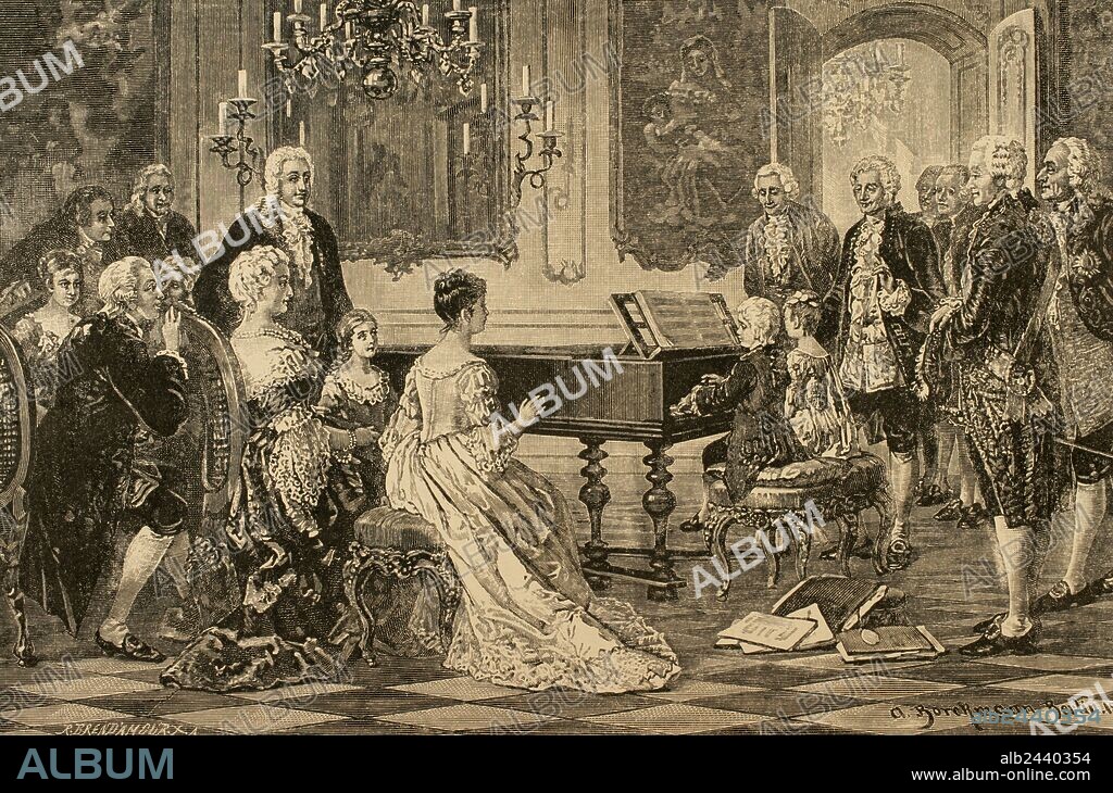 AUGUST BORCKMANN. Mozart family grand Tour. Maria Anna (Nannerl) and Wolfgang Amadeus playing  before the Empress Maria Theresa (1717-1780) at the Imperial Court. Vienna, 1762. Engraving by R. Brend'Amour.