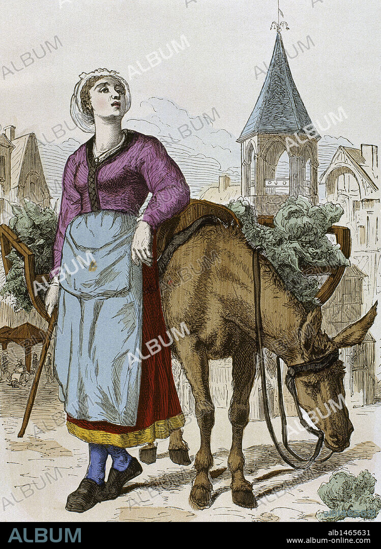 GERLIER. SOCIEDAD. EDAD MEDIA. CAMPESINA haciendo un alto en el camino tras la recolección de las hortalizas. Grabado coloreado s. XIX.