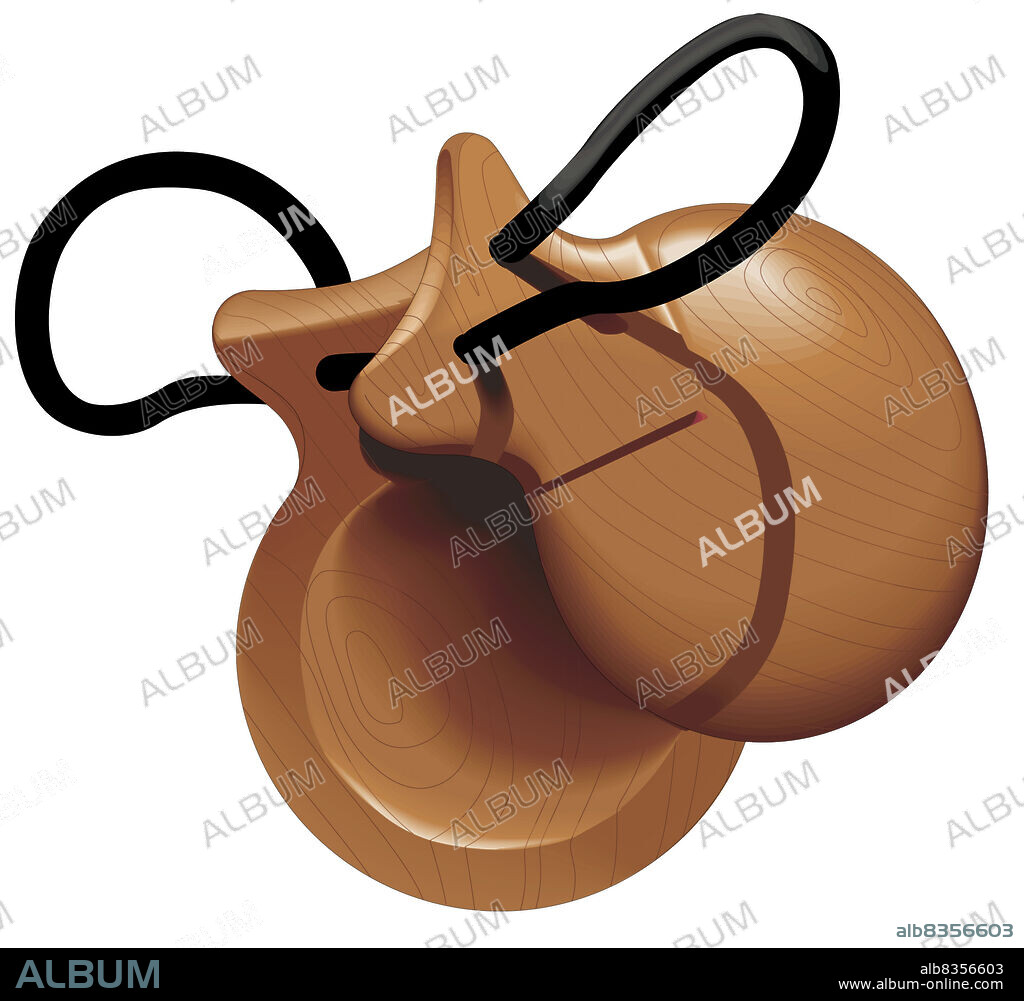 Instrument composed of two shell- shaped pieces of wood held in one hand and struck together using the fingers.