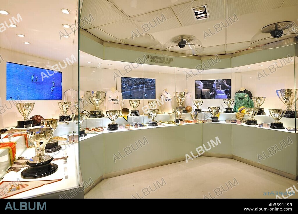 Display cabinet, exhibition, museum, Estadio Santiago Bernabeu stadium, football venue of Real Madrid, Chamartin district, Madrid, Spain, Europe