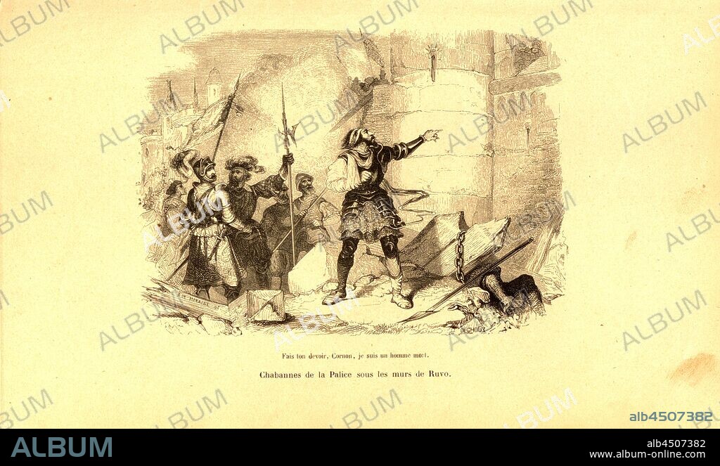 Chabannes de la Palice under the walls of Ruvo, Jacques II de Chabannes of La Palice near Ruvo, Signed: R. de Moraine del, Deghouy, Fig. 35, after p. 840, Moraine, R. de (del.); Deghouy, Léopold (sc.), Adrien Pascal, Camp, Jules du Camp, Germain-Nicolas Brahaut, Sicard, Philippoteaux: Histoire de l'armée et de tous les régiments depuis les premiers temps de la monarchie française jusqu'à nos jours. Paris: A. Barbier, 1847-1858.