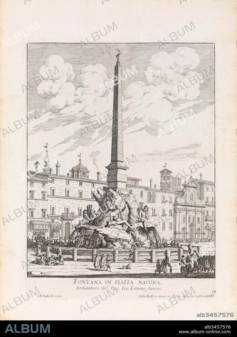 Fontana in Piazza Navona [Fontana dei Quattro Fiumi]. From 'La Fontane di Roma nelle Piazze e Luoghi Publici (...)'., 1691 or after, Etching, Plate: 11 1/8 x 8 9/16 in. (28.2 x 21.7 cm), Giovanni Battista Falda (Italian, Valduggia 1643–1678 Rome), View of the Fountain of the Four Rivers on Piazza Navona in Rome, designed by Bernini and erected in 1651. The fountain is characterized by the personifications of the four rivers Danube (Europe), Nile (Africa), Ganges (Asia) and Rio de la Plata (America) placed on the rocky base of a large obelisk.