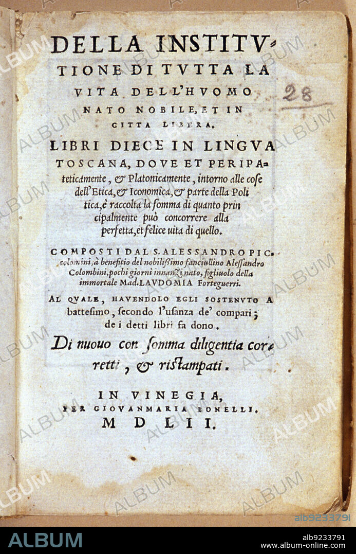 Cover of the work 'De La institutione di tutta la vitta Dell'huomo nato nobile et in citta Libera'. Printed in Venice by Govamaria Bonelli in 1552.