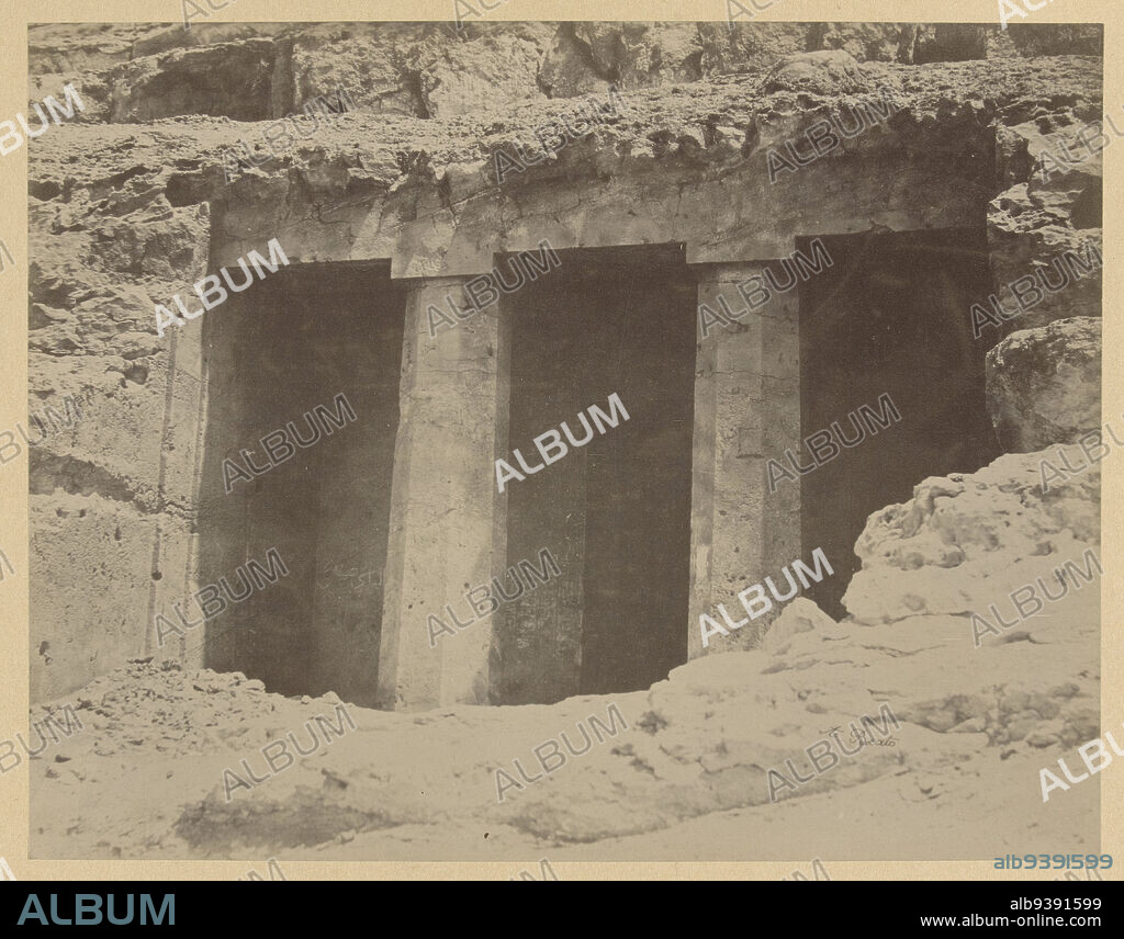 Entrance to the tomb of Khnumhotep II at Beni Hassan, E 57. Temple at Beni Hassan (the whole temple is carved out of the rock). Upper Egypt. (title on object), Egypt (series title), The photograph is part of the series of photographs from Egypt collected by Richard Polak., Antonio Beato (mentioned on object), Egypte, c. 1888 - c. 1898, photographic support, paper, albumen print, height 197 mm × width 260 mmheight 467 mm × width 557 mm.