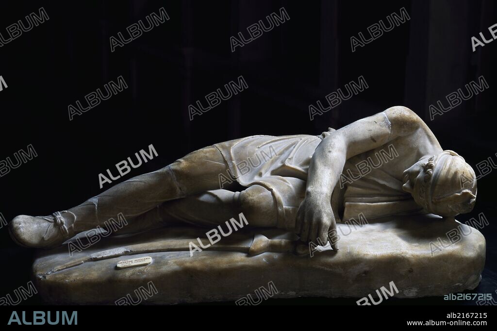 Statue of a dying Persian, Roman copy in marble from the original made by the School of Pergamon (early 3rd century BC), part of the stoa was built by Attalus II on the Acropolis of Athens after their victory over the Galatians. Roman Civilisation.
