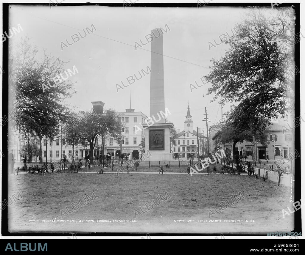 Greene's Monument, Johnson Square, Savannah, Ga., c1900. The Nathanael Greene Monument, designed by William Strickland, commemorates Major-General Nathanael Greene, an American military officer and planter who served in the Continental Army during the Revolutionary War. Greene's body was reinterred under the monument in 1902.