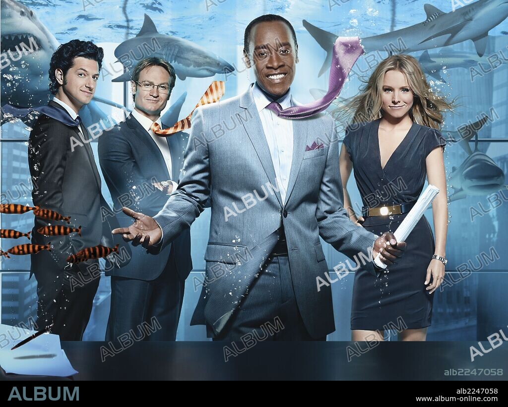 BEN SCHWARTZ, DON CHEADLE, JOSH LAWSON and KRISTEN BELL in HOUSE OF LIES, 2012, directed by MATTHEW CARNAHAN and STEPHEN HOPKINS. Copyright SHOWTIME NETWORKS.