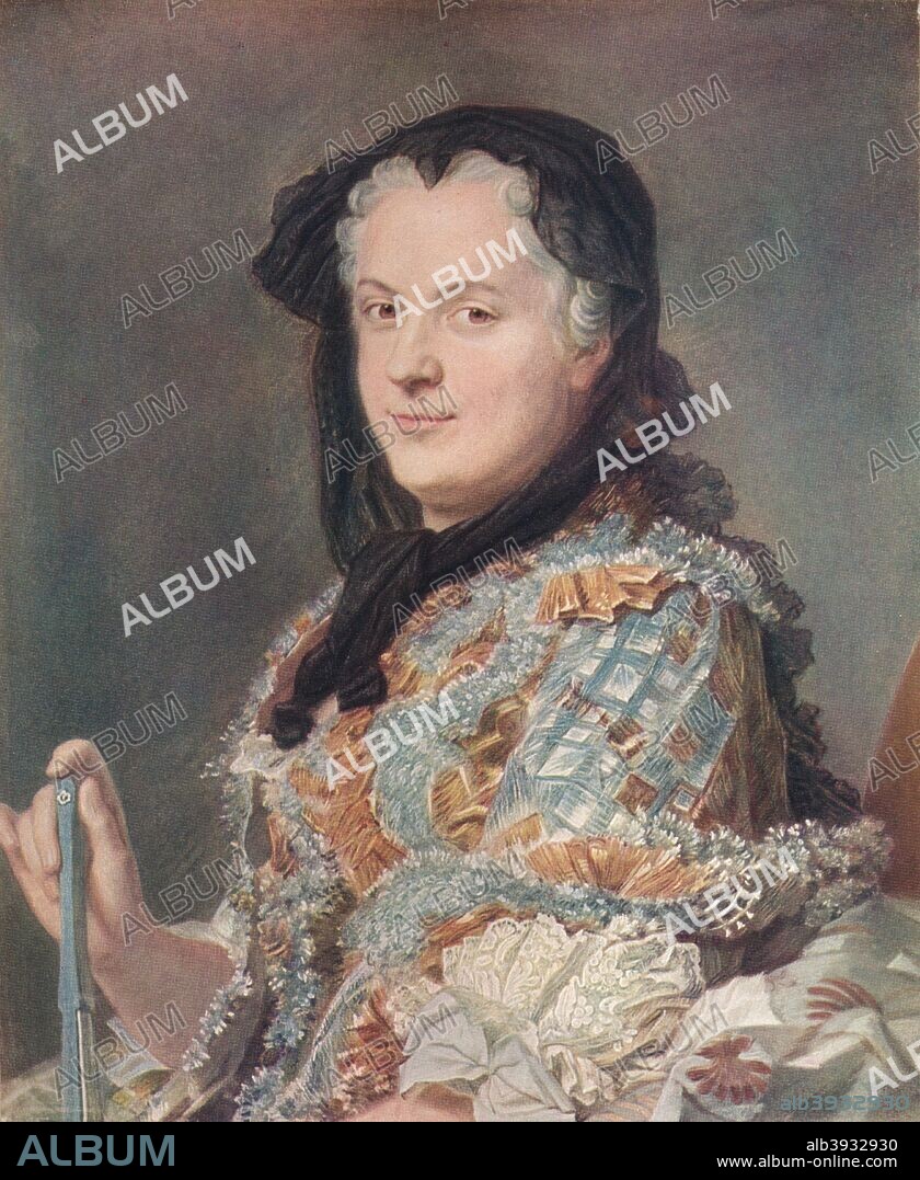 'Marie Leczinska', c1748. Maria Karolina Zofia Felicja Leszczynska (1703-1768), wife of King Louis XV of France and was the grandmother of Louis XVI, Louis XVIII, and Charles X. She was the longest-serving queen consort of France. Held at the Musée du Louvre, Paris. From The French Pastellists of the Eighteenth Century by Haldane MacFall. [MacMillan and Co., Limited, London, 1909].