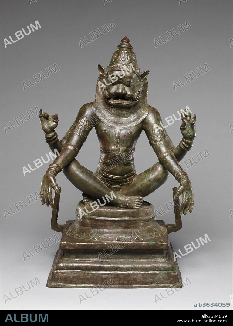 Yoga Narasimha, Vishnu's Man-Lion Incarnation. Culture: India (Tamil Nadu). Dimensions: H. 18 3/4 (47.6 cm); W. 13 in. (33 cm); D. 9 1/2 in. (24.1 cm). Date: 12th century.
Narasimha was an avatar of Vishnu who appeared on earth to slay the evil ruler Hiranyakashipu, who believed himself to be invincible after tricking Brahma into granting him a protective spell. Narasimha is venerated as an embodiment of valor and martial strength; here, he assumes the pose of a meditative yogi after successfully outwitting and slaying the evil king. Narasimha is thus praised as the bringer of peace and order to the world of men. As a meditative yogi, Narasimha assumed Vishnu's four-armed form and would have carried Vishnu's weapons--the discus (chakra) and conch--in his raised hands; his lower hands rest passively in meditation.