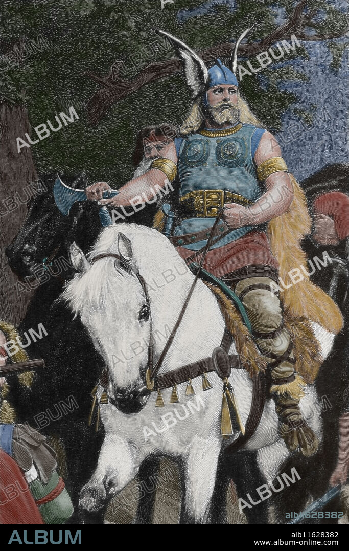 Vercingetorix (82-46 BC). Chieftain of the Arveni tribe.  He united the Gauls in a revolt against Roman forces during Gallic Wars. Engraving by Kaesebergs&Oertel. "The Iberian Illustration", 1872, Spain. Later colouration.&Oertel. "The Iberian Illustration", 1872, published in Spain. Later colouration.