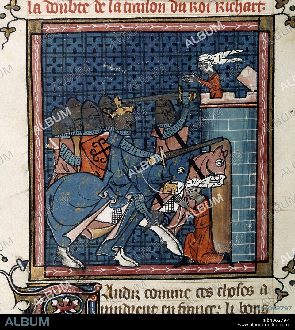 Capture of Acre. Chroniques de France ou de Saint Denis, vol. 1. France, second quarter of 14th century. (Miniature and text) King Richard I and his army capture the city of Acre in July 1191, during the Third Crusade.Text beginning with decorated initial 'T'  Image taken from Chroniques de France ou de Saint Denis, vol. 1.  Originally published/produced in France, second quarter of 14th century. . Source: Royal 16 G. VI, f.352v. Language: French.