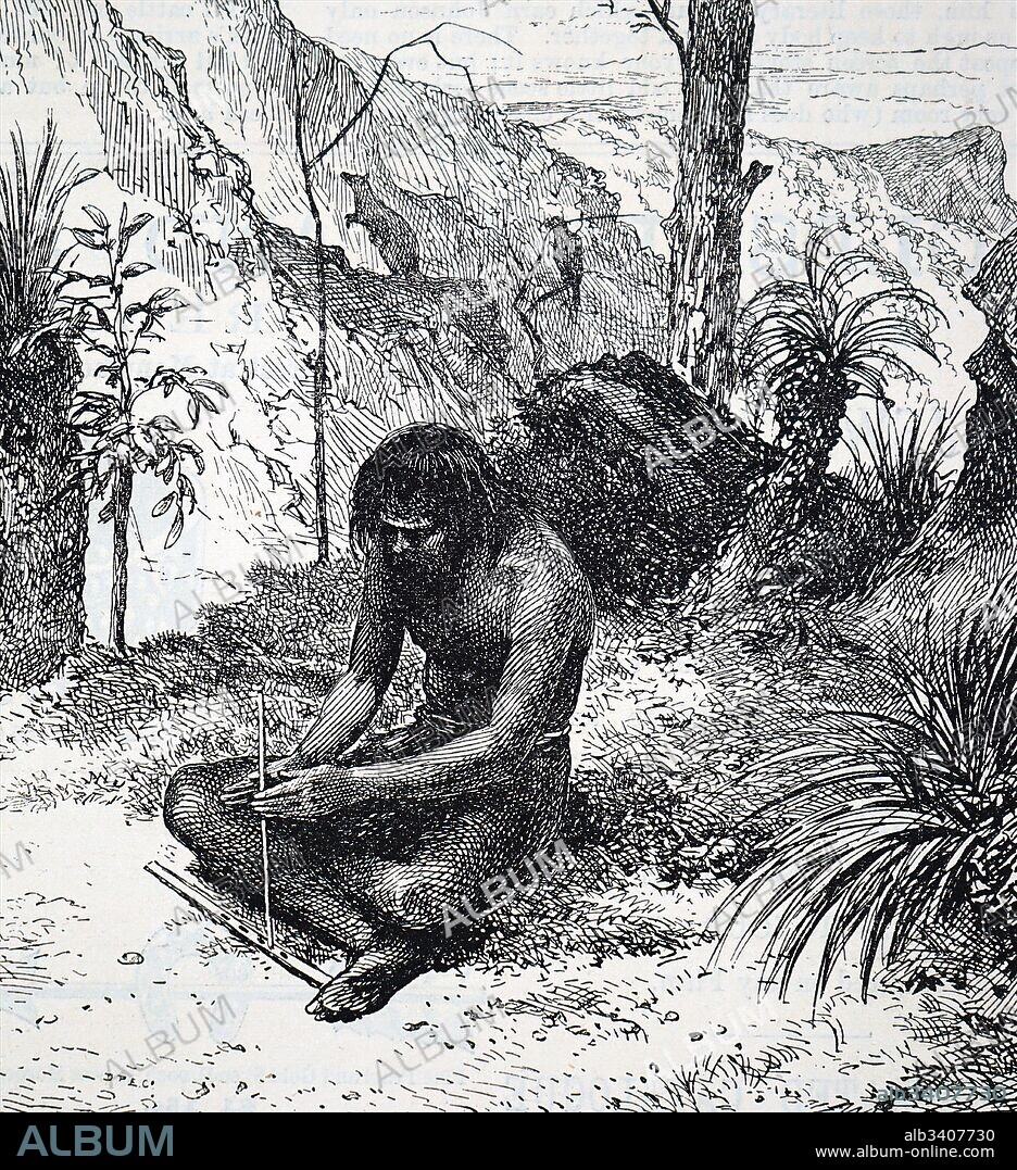 Engraving depicting Australian aboriginal using a bow drill a prehistoric form of drilling tool, which was used to produce fire. Dated 19th Century.