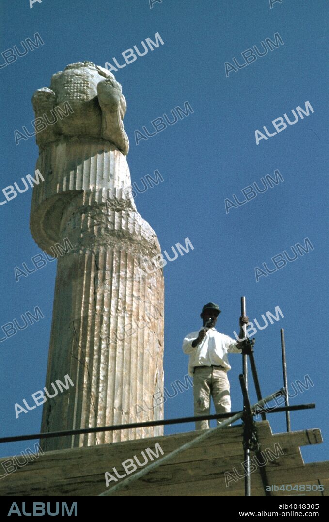 Protome of half horse, the Apadana, Persepolis, Iran. The capital of Achaemenid Persia, Persepolis was predominantly built during the reigns of the dynasty's founder, Darius I (522-485 BC) and his son Xerxes I (485-465 BC). One of the main, and earliest, buildings of the city was the great audience hall, the Apadana. Every year the king would receive tribute in the form of gifts from representatives of all the poples of the Achaemenid empire, which at its greatest extent stretched from Libya in the west to the Indus valley in the east.
