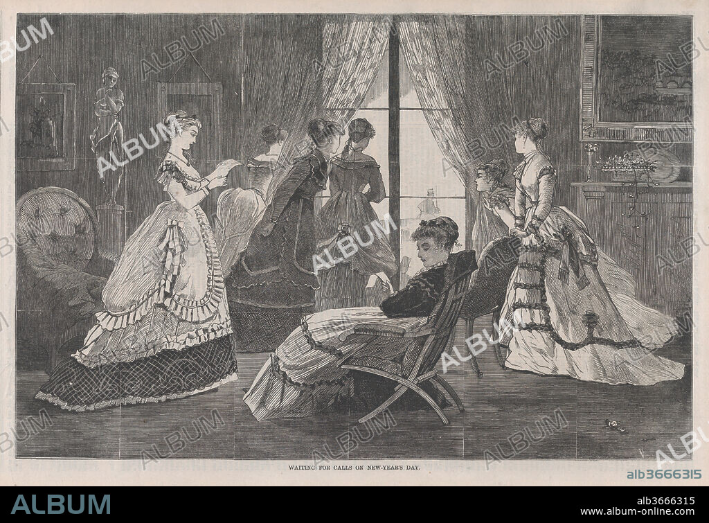 Waiting for Calls on New Year's Day (Harper's Bazar, Vol. II). Artist: Winslow Homer (American, Boston, Massachusetts 1836-1910 Prouts Neck, Maine). Dimensions: image: 9 x 13 3/4 in. (22.9 x 34.9 cm)
sheet: 10 13/16 x 16 1/16 in. (27.4 x 40.8 cm). Date: January 2, 1869.