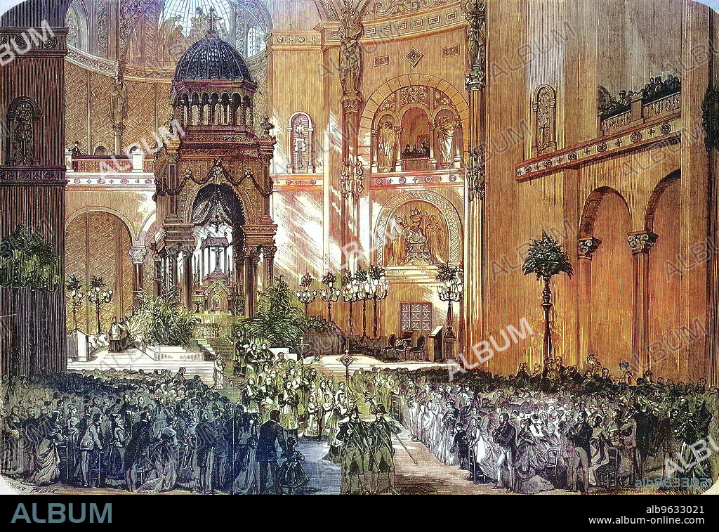 Inauguration of the church Saint Augustin 1871, The parish church of St-Augustin in Paris is considered the first church with an iron structure, France, Historical, digitally restored reproduction of an original artwork from the 19th century, exact original date unknown.