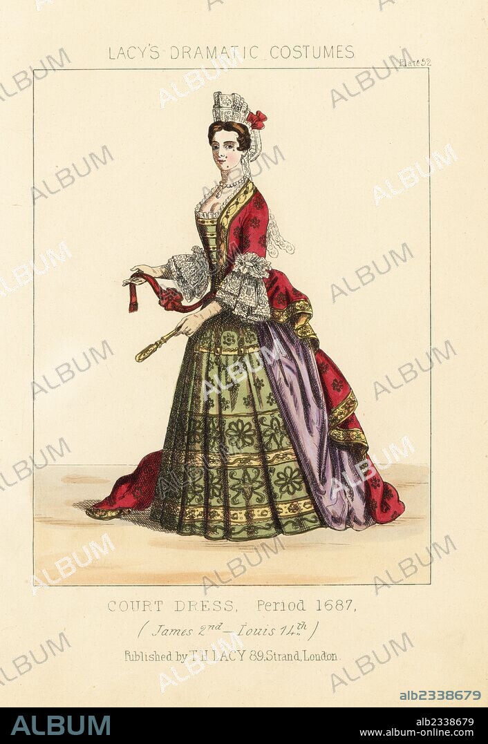 Court dress, reign of King James II, circa 1687. Handcoloured lithograph from Thomas Hailes Lacy's "Female Costumes Historical, National and Dramatic in 200 Plates," London, 1865. Lacy (1809-1873) was a British actor, playwright, theatrical manager and publisher.