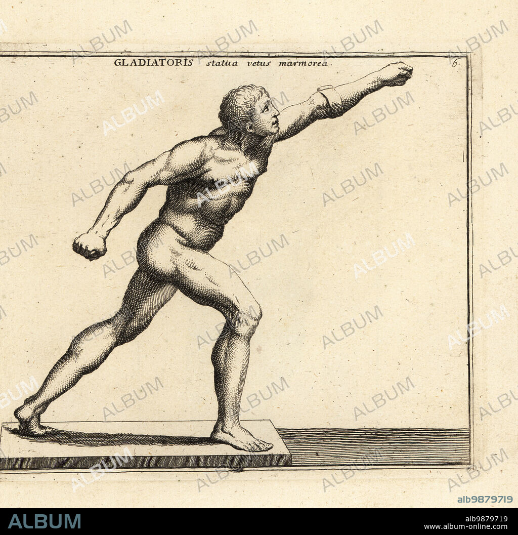 The Borghese Gladiator, Louvre, Paris. Hellenistic marble sculpture depicting a swordsman fighting a mounted warrior, possibly Achilles fighting an Amazon, created at Ephesus about 100 BC. Gladiatoris statua vetus marmorea. Copperplate engraving by Giovanni Battista Cannetti from Copperplates of the most beautiful ancient statues of Rome, Calcografia di piu belle statue antiche a Roma, engraved by Cannetti all'Arco della Ciambella, published by Gaetano Quojani, Rome, 1779.