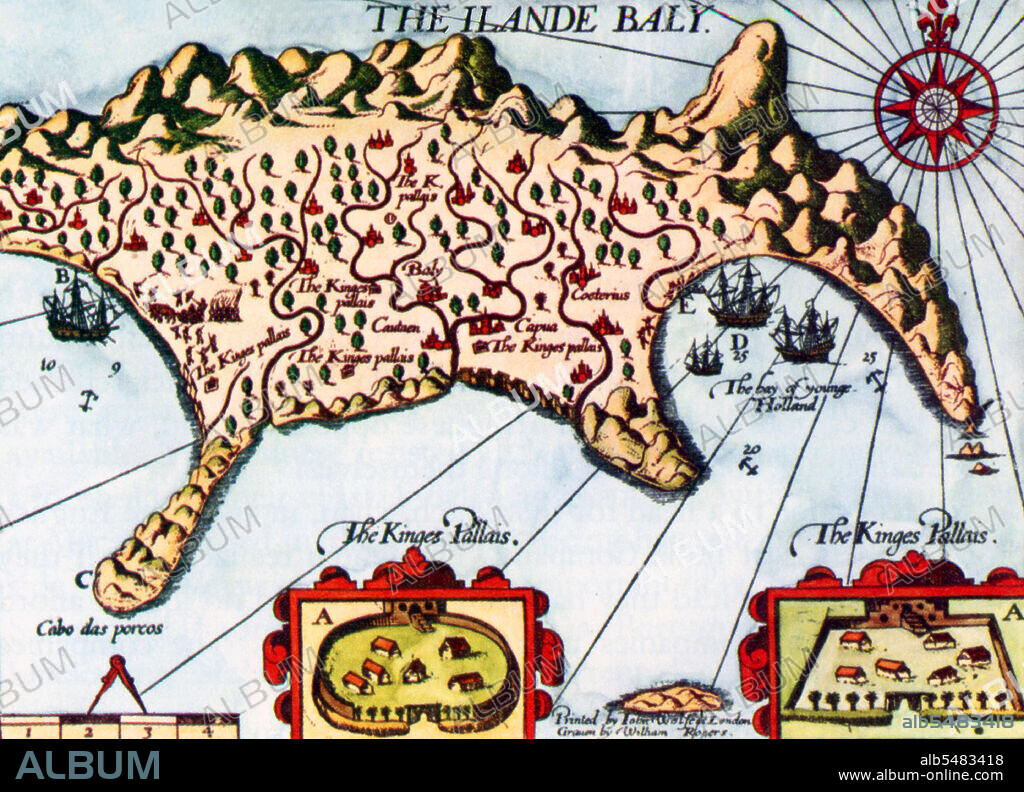 On this map, the boxes ‘A’ indicate the king’s palaces; B is where de Houtman met the king; C is what de Houtman calls the ‘Cape of Pigs’; D is where the Dutch fleet anchored; E where they went ashore. Cornelis de Houtman (1565—99), brother of Frederick de Houtman, was a Dutch explorer who discovered a new sea route from Europe to Indonesia which helped start the Dutch spice trade. At the time, the Portuguese Empire held a monopoly on the spice trade, and the voyage was a symbolic victory for the Dutch. However, the voyage itself was a disaster, beset with mutiny, killings and scurvy. De Houtman managed to insult and alienate almost everyone he met on the way. He was refused spices after insulting the Sultan of Banten on Java, then he allowed his men to rape and plunder on Madura. He managed to buy only a few pots of peppercorns on Bali; then in 1599, in Aceh in Sumatra, he insulted the sultan, setting off a sea battle in which he himself was killed.