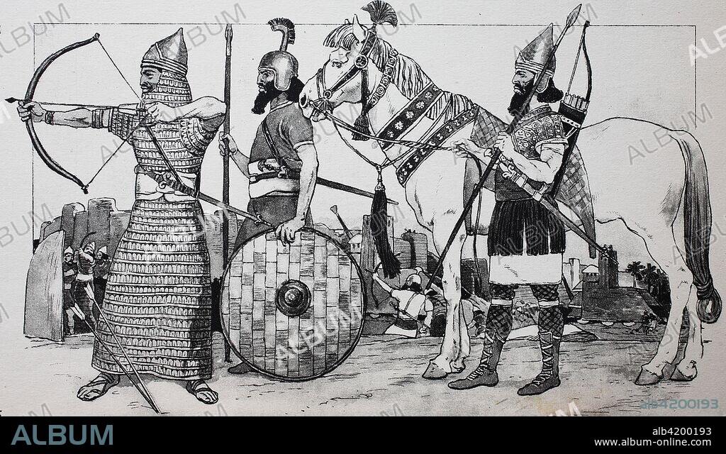 Dress fashion in Babylon and Assyria, 700-600 BC, Assyrian warriors, armored archer, warrior with helmet, and rider with pointed helmet, digital improved reproduction of an original print from the 19th century.