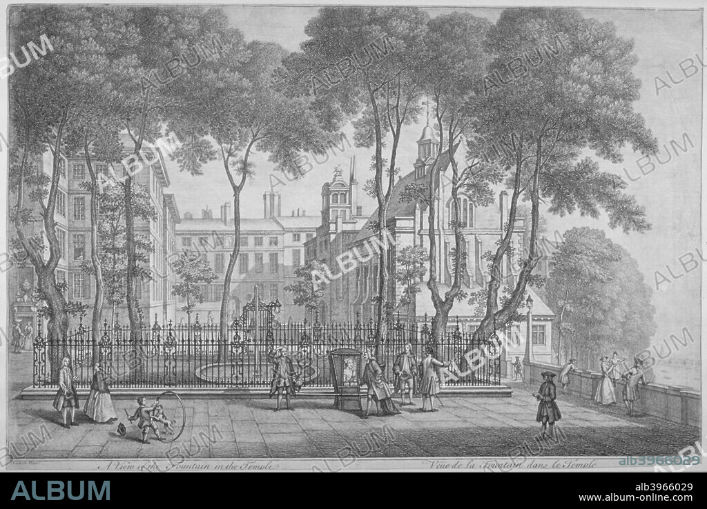 View of Fountain Court, Middle Temple, City of London, 1752. The street scene includes a boy playing with a hoop and a dog, and a woman in a sedan chair.