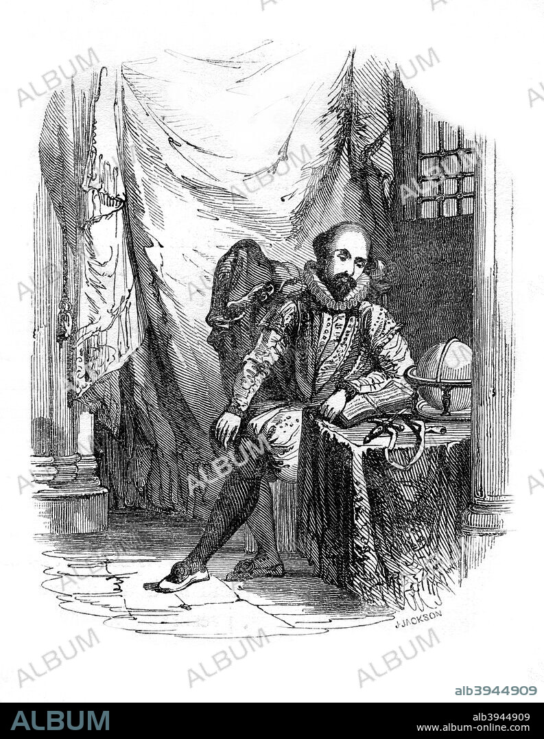 Sir Walter Raleigh in the Tower of London, 1603-1616 (1836). Raleigh (1554-1618) was an English adventurer, explorer and writer, a favourite of Queen Elizabeth I, who knighted him in 1585. In 1584-1589 he was involved in an unsuccessful attempt to establish a colony in North America, but did introduce tobacco and the potato to Britain from the New World. Accused of treason by Elizabeth's successor, James I, he was imprisoned in the Tower of London and eventually put to death in 1618.