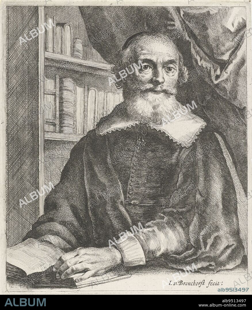 Portrait of Johannes de Laet at the age of sixty with an open book. A second plate has a verse printed below the portrait with two eight-line stanzas., Portrait of Johannes de Laet at sixty years of age, print maker: Jan Gerritsz. van Bronckhorst, (mentioned on object), anonymous, Netherlands, 1641 - 1661, paper, etching, engraving, h 213 mm × w 183 mm × h 76 mm × w 181 mm.