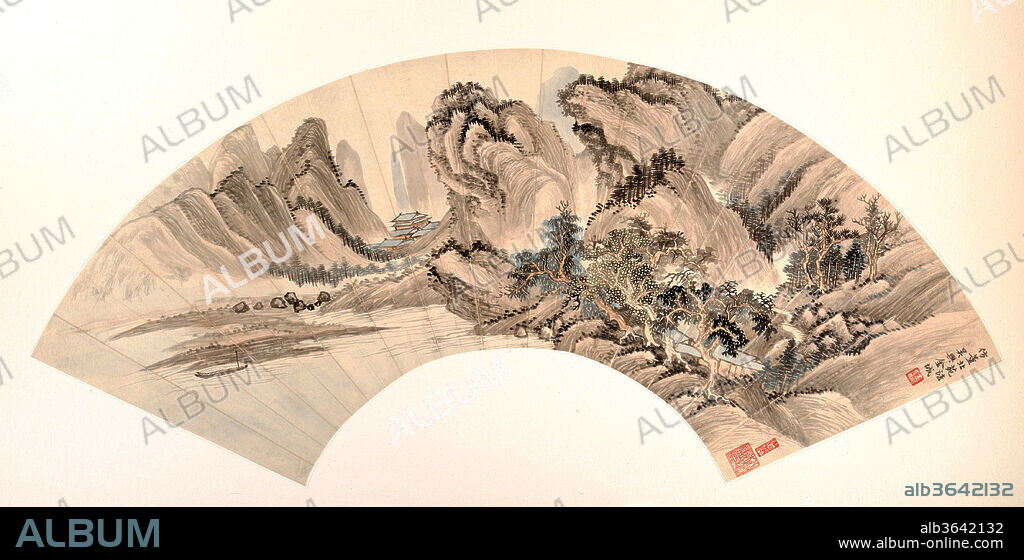 Landscape. Artist: Jin Cheng (Chinese, 1878-1926). Culture: China. Dimensions: 8 3/8 x 26 7/8 in. (21.3 x 68.3 cm). Date: early 20th century.
Jin Cheng's commitment to traditional values in painting is evident in this fan in his recollection of the style of the tenth century landscape master Dong Yuan.