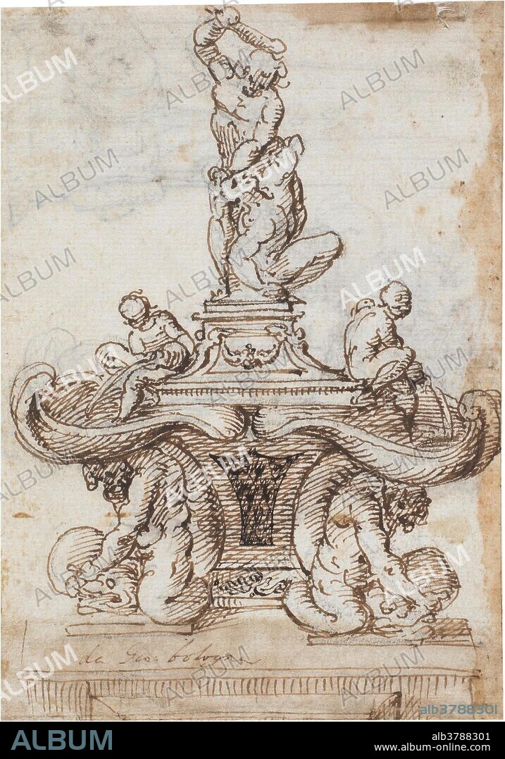 JUAN DE BOLONIA. Juan de. Giambologna Bolonia (Atribuido a) / 'Fuente con Hércules golpeando a Caco / Estudio para una fuente y diseño para pilastra y capitel'. Siglo XVI. Pluma, Tinta parda sobre papel, 143 x 100 mm.