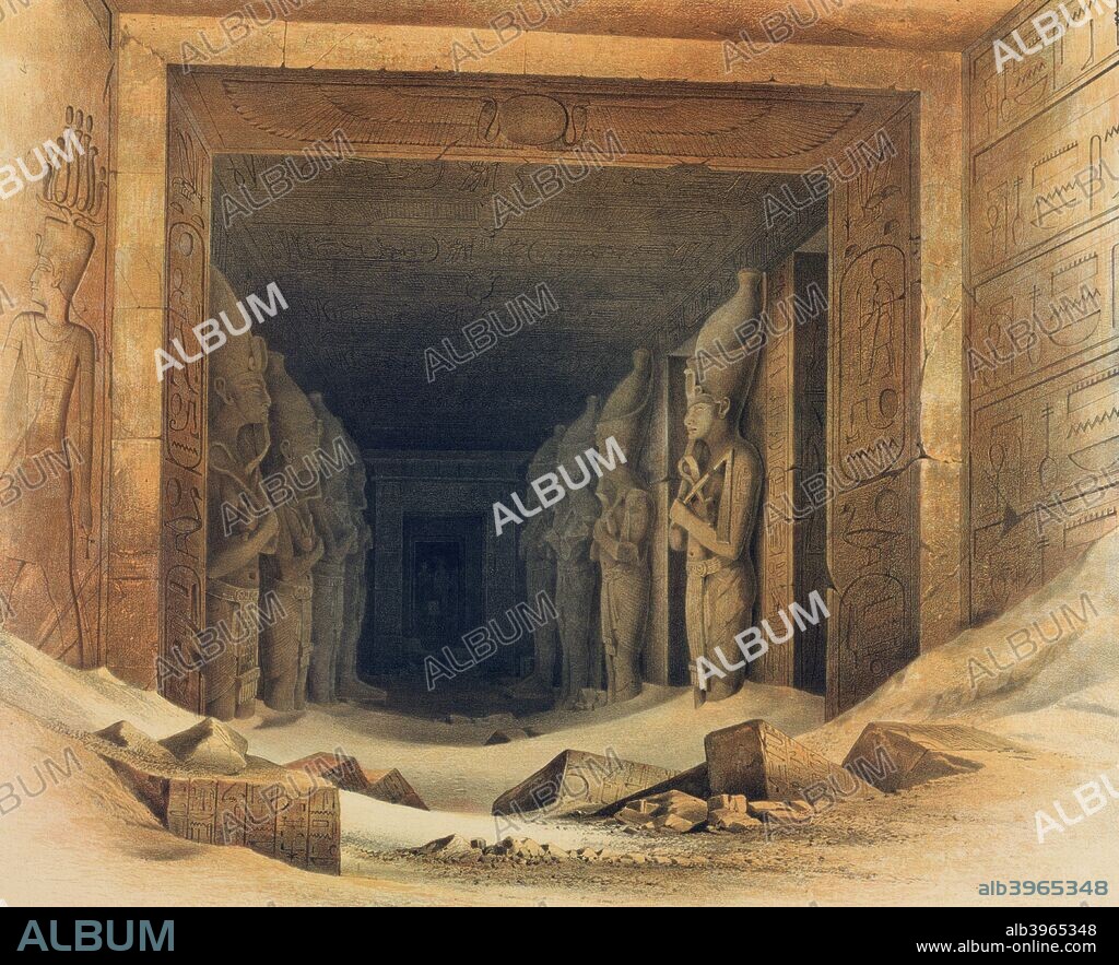 'Interior of the Temple of Abou Simbel', Egypt, 1842-1845. View inside the temple of Abu Simbel built by Rameses II showing some of the colossal statues. From the collection of the Bibliothèque Nationale de France, Paris.