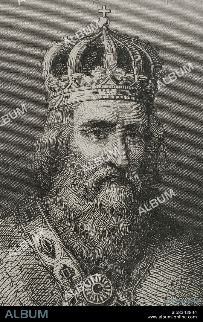 Carlomagno (742-814). Rey de los francos (768-814), de los lombardos (774-814) y emperador del Sacro Imperio Romano Germánico (800-814). Retrato. Grabado. Detalle. Historia Universal, por César Cantú. Tomo III, 1855.