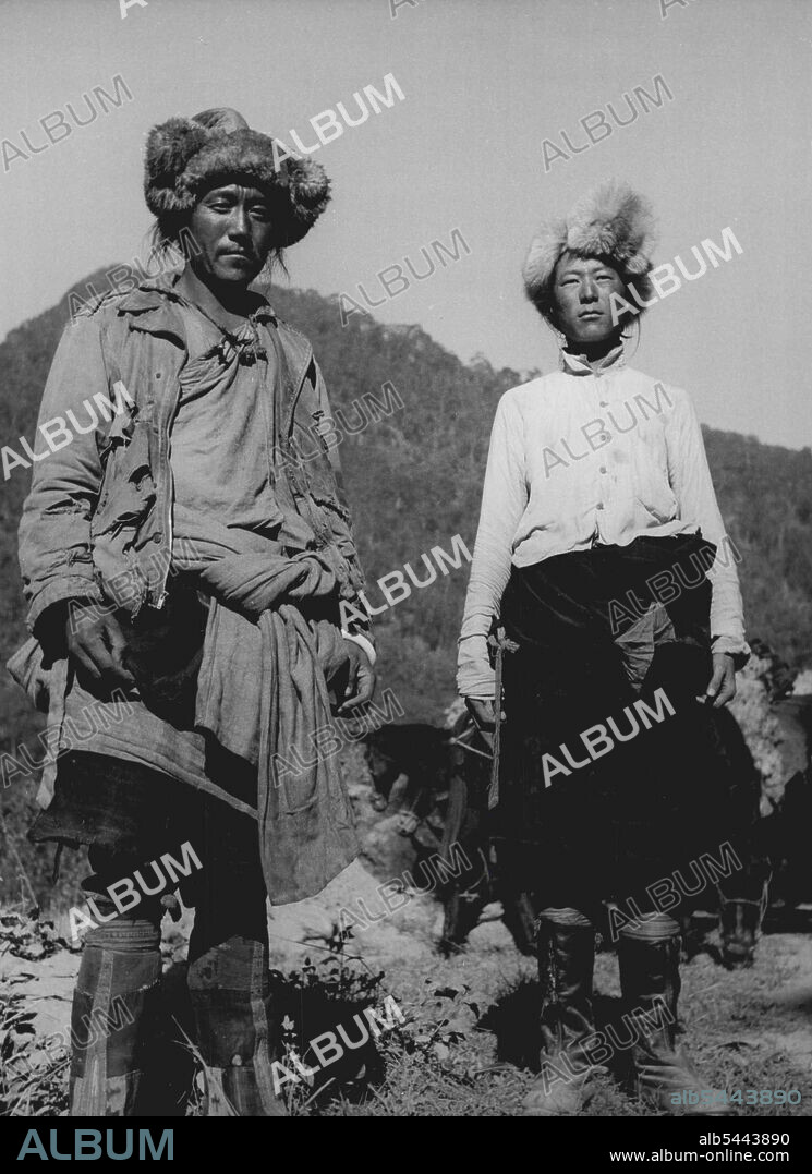 Tibetan Muleteers on the road to Gangtok capital of Sikkim. December 1, 1950.