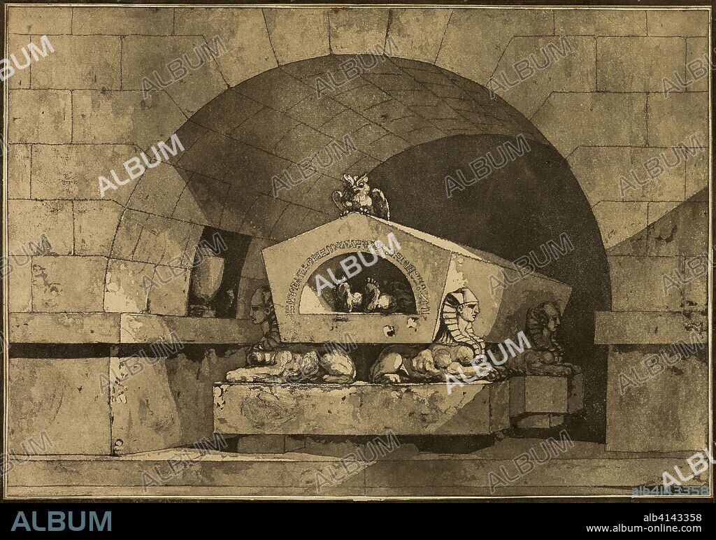 Tomb with Sphinxes and an Owl. Louis Jean Desprez; French, 1743-1804. Date: 1779-1784. Dimensions: 338 × 486 mm. Etching and aquatint in brown on cream laid paper. Origin: France.